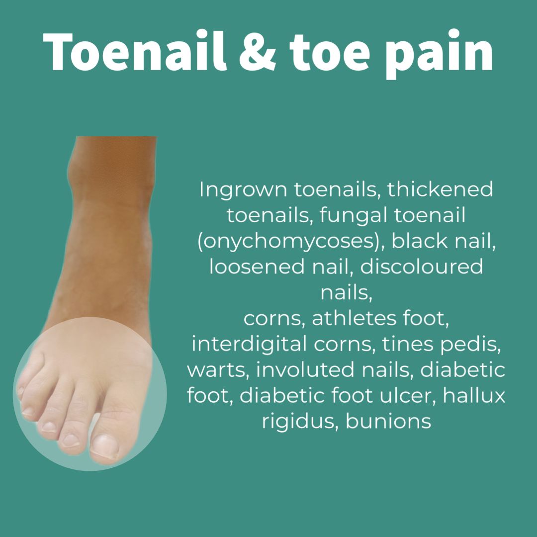 Ingrown toenails, thickened toenails, fungal toenail (onychomycoses), black nail, loosened nail, discoloured nails, corns, athletes foot, interdigital corns, tines pedis, warts, involuted nails, diabetic foot, diabetic foot ulcer, hallux rigidus, bunions